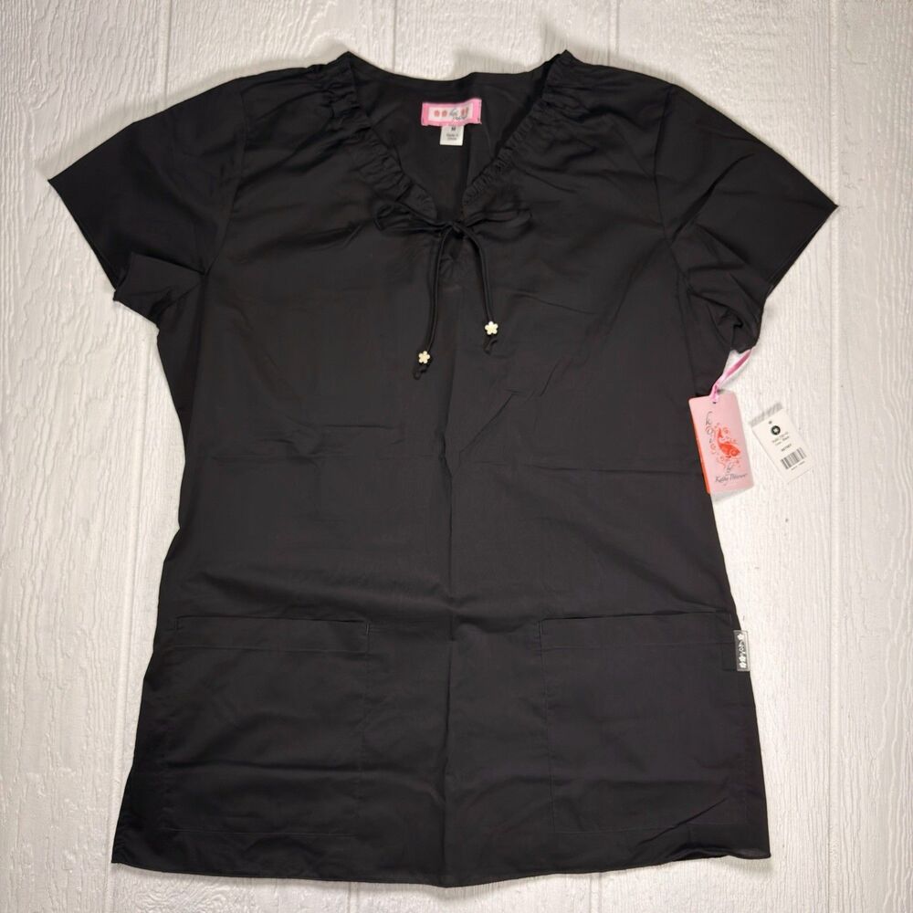 Koi by Kathy Peterson Betsey Scrub Top Womens M Black Ruffle Nursing NWT